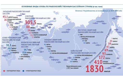 Основные виды улова по рыбохозяйственным бассейнам России